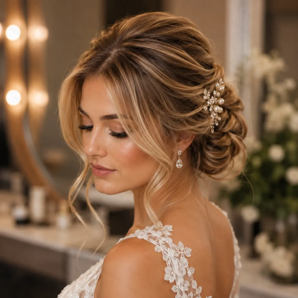 Elegant bridal updo with pearl hairpiece at Lumiere Salon