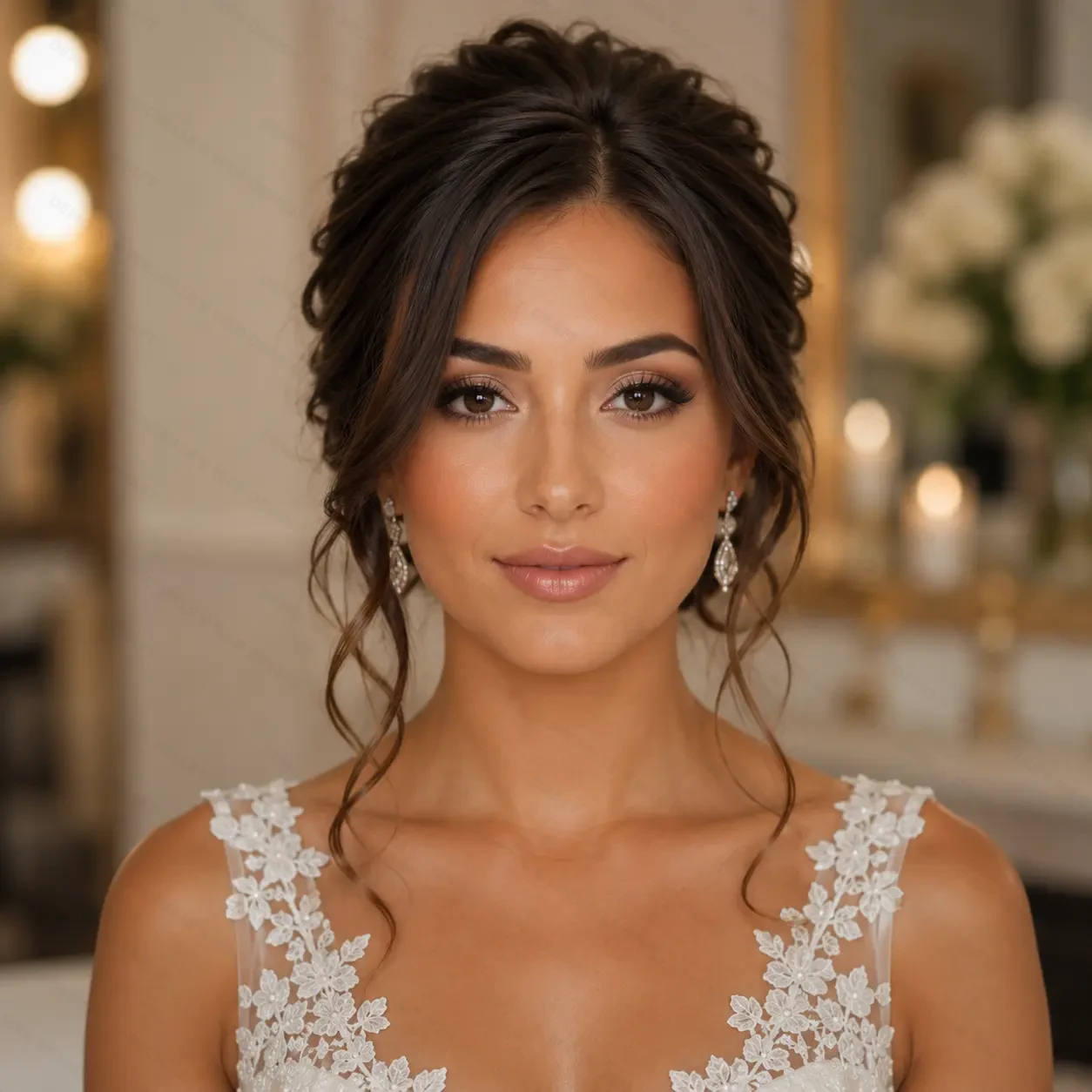 Bridal dark curly updo styling at Lumiere Salon