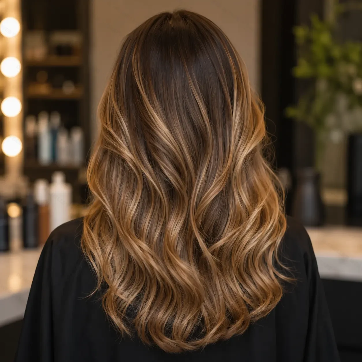 Warm caramel balayage on brunette hair at Lumiere Salon