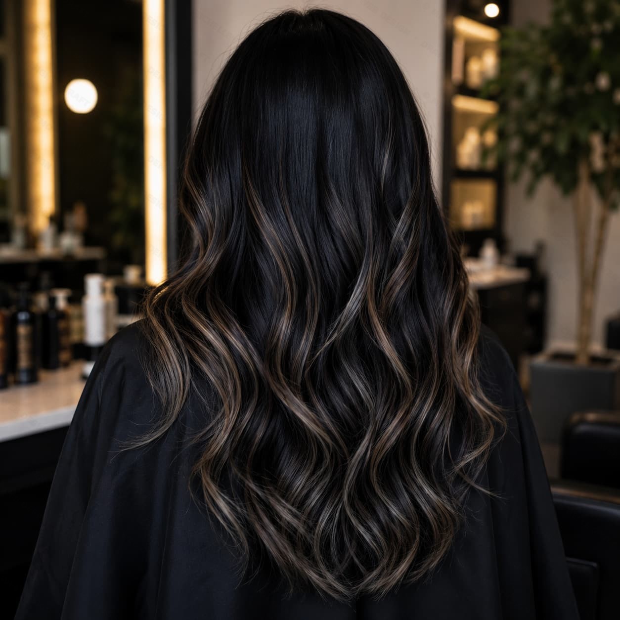 Dark hair balayage highlights at Lumiere Salon Beverly Hills